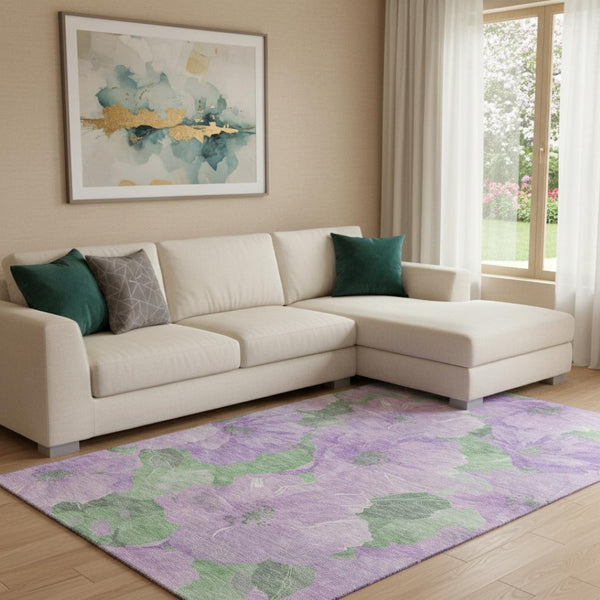 HomeRoots 8' Elegant Lavender and Green Floral Washable Area Rug with UV Protection and Stain Resistance 694320