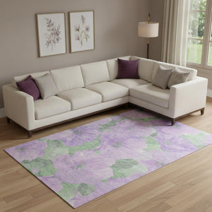 HomeRoots 9' X 12' Floral Area Rug in Lavender & Green – Washable, UV Protected, Durable & Stylish Design 694321
