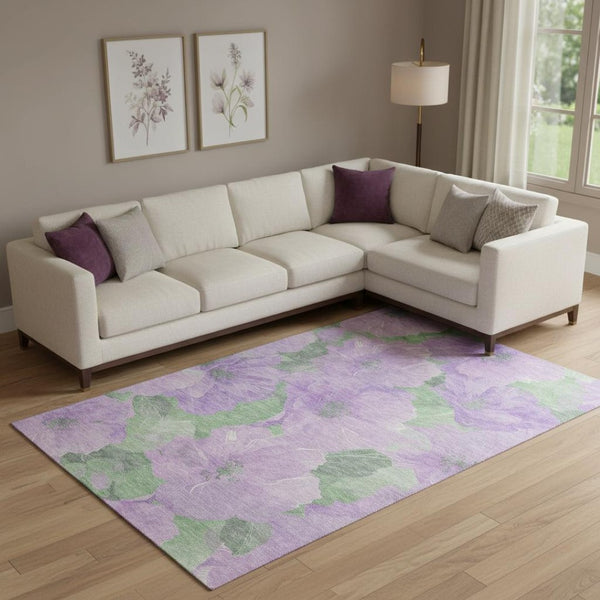 HomeRoots 9' X 12' Floral Area Rug in Lavender & Green – Washable, UV Protected, Durable & Stylish Design 694321