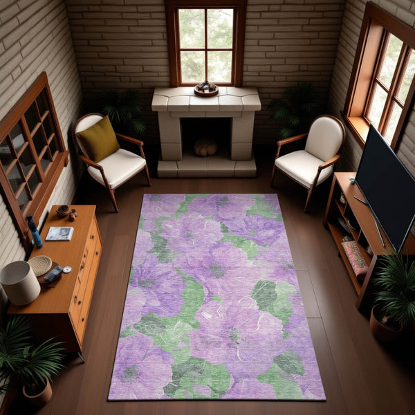 HomeRoots 9' X 12' Floral Area Rug in Lavender & Green – Washable, UV Protected, Durable & Stylish Design 694321