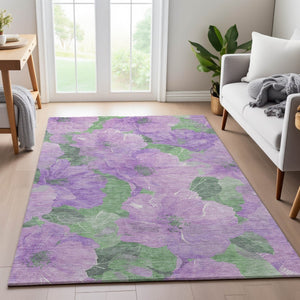HomeRoots 9' X 12' Floral Area Rug in Lavender & Green – Washable, UV Protected, Durable & Stylish Design 694321