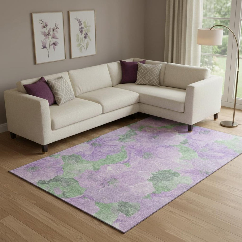 HomeRoots 10' Lavender & Green Floral Washable Area Rug - UV Protected, Durable, Stylish for Any Room 694322