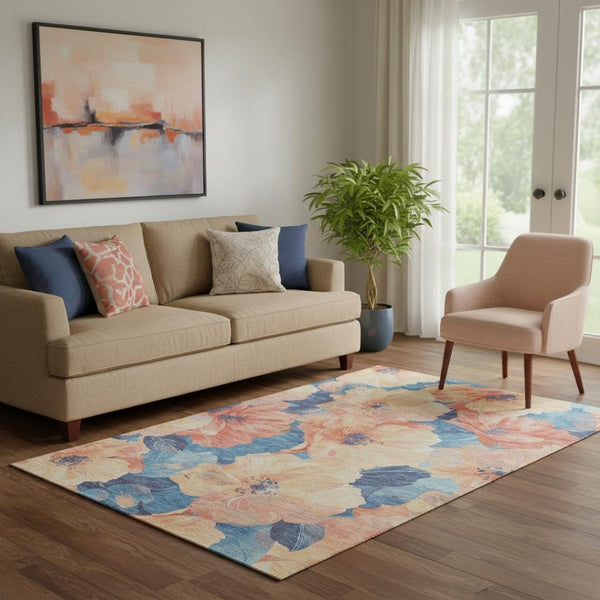 HomeRoots 5' X 8' Peach and Blue Floral Area Rug - Durable, Washable with UV Protection for Homes & Kids 694324