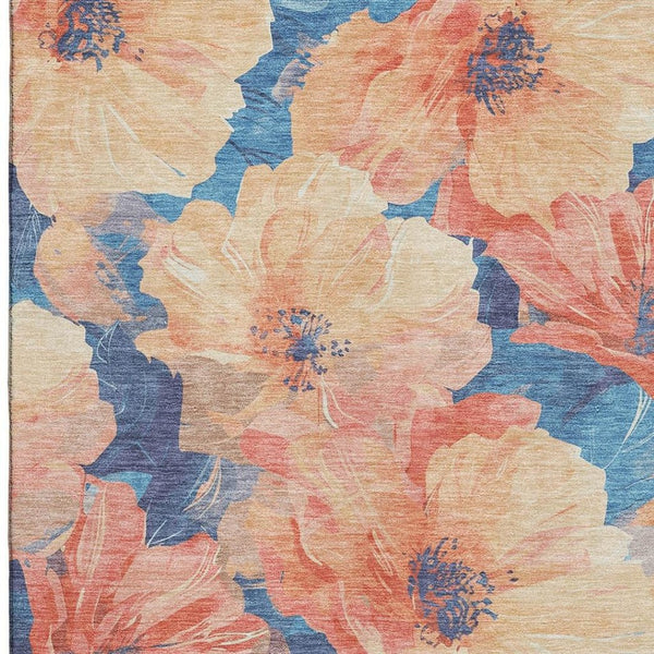 HomeRoots 5' X 8' Peach and Blue Floral Area Rug - Durable, Washable with UV Protection for Homes & Kids 694324