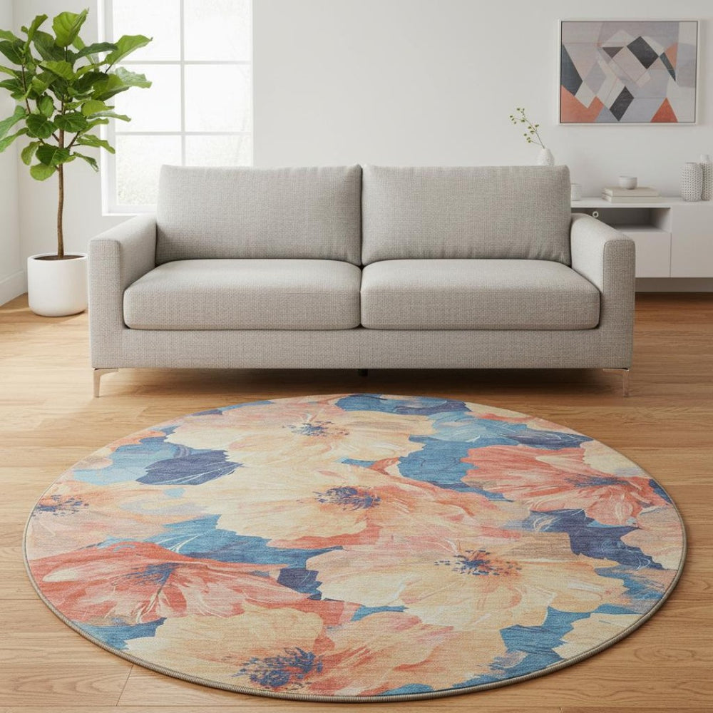 HomeRoots 8' X 8' Floral Washable Round Rug with UV Protection – Stylish Peach & Blue Design for Any Room 694325