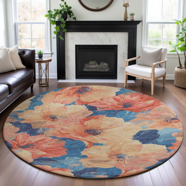 HomeRoots 8' X 8' Floral Washable Round Rug with UV Protection – Stylish Peach & Blue Design for Any Room 694325