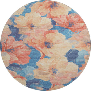 HomeRoots 8' X 8' Floral Washable Round Rug with UV Protection – Stylish Peach & Blue Design for Any Room 694325