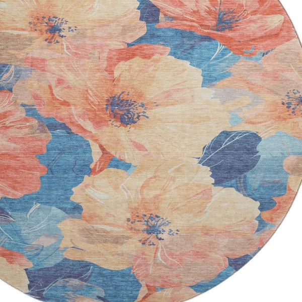 HomeRoots 8' X 8' Floral Washable Round Rug with UV Protection – Stylish Peach & Blue Design for Any Room 694325