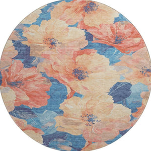 HomeRoots 8' X 8' Floral Washable Round Rug with UV Protection – Stylish Peach & Blue Design for Any Room 694325