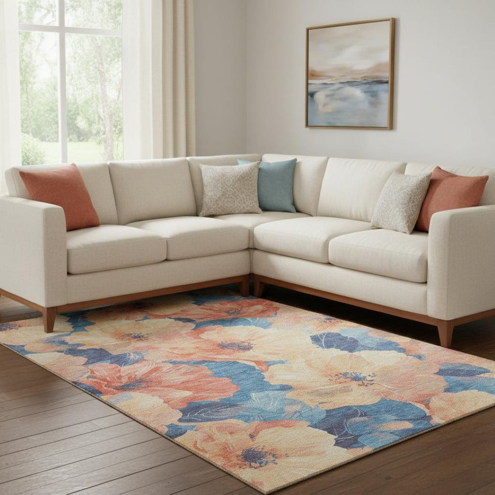 HomeRoots 8' Peach and Blue Floral Washable Area Rug - UV Protected, Stain Resistant, Perfect for Family Spaces 694326