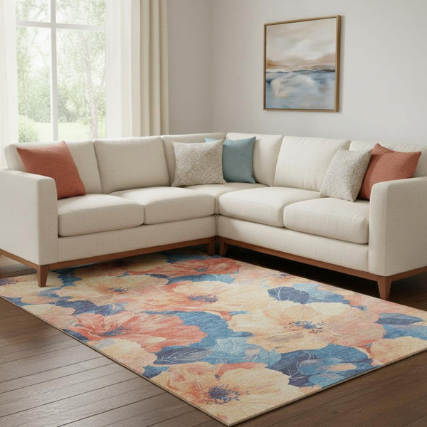 HomeRoots 8' Peach and Blue Floral Washable Area Rug - UV Protected, Stain Resistant, Perfect for Family Spaces 694326