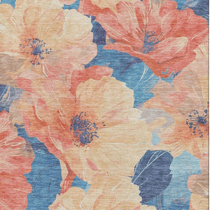 HomeRoots 8' Peach and Blue Floral Washable Area Rug - UV Protected, Stain Resistant, Perfect for Family Spaces 694326