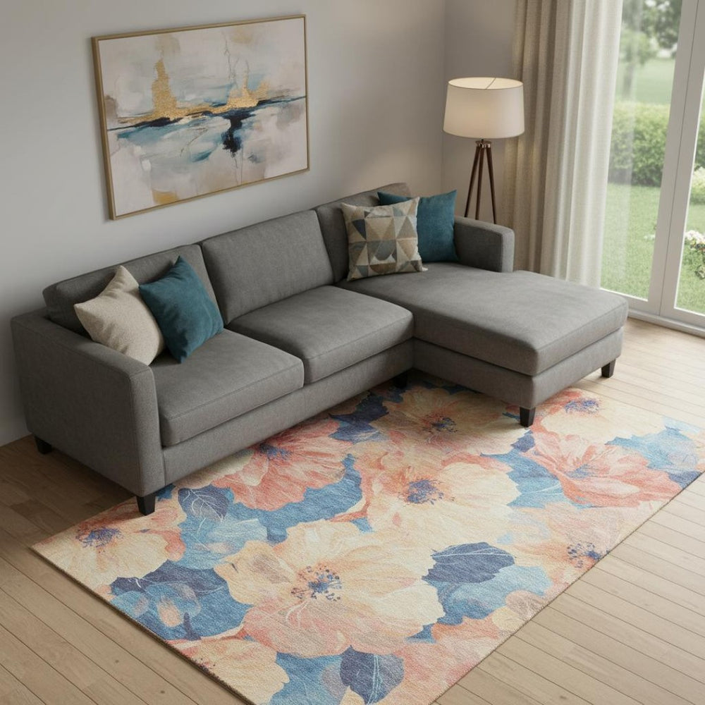 HomeRoots 9' X 12' Floral Area Rug in Peach & Blue - Washable, UV Protected, Perfect for Home & Patio Decor! 694327