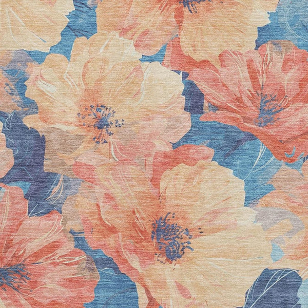 HomeRoots 9' X 12' Floral Area Rug in Peach & Blue - Washable, UV Protected, Perfect for Home & Patio Decor! 694327