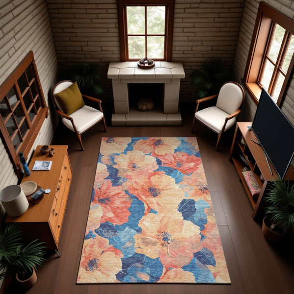 HomeRoots 10' X 14' Washable Peach & Blue Floral Area Rug with UV Protection for Stylish Living Spaces 694328