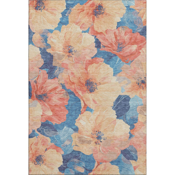 HomeRoots 10' X 14' Washable Peach & Blue Floral Area Rug with UV Protection for Stylish Living Spaces 694328