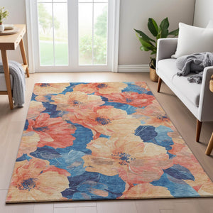 HomeRoots 10' X 14' Washable Peach & Blue Floral Area Rug with UV Protection for Stylish Living Spaces 694328
