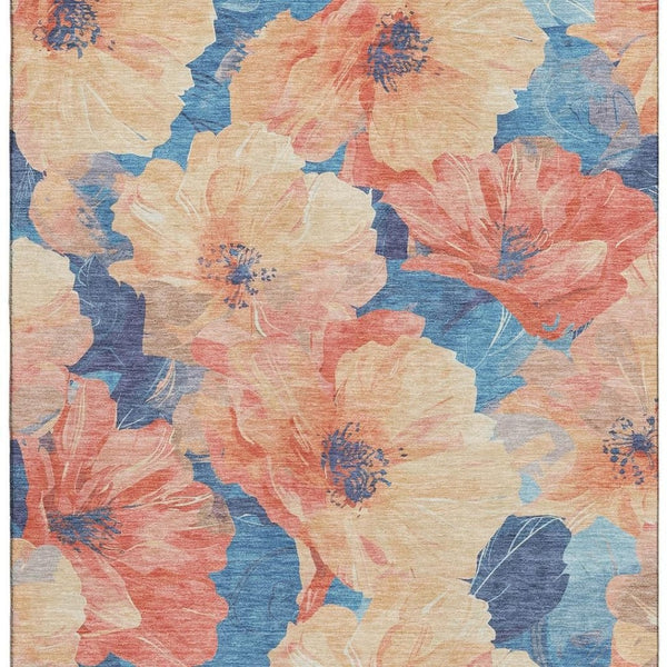 HomeRoots 10' X 14' Washable Peach & Blue Floral Area Rug with UV Protection for Stylish Living Spaces 694328