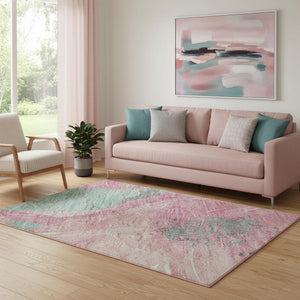 HomeRoots 5' X 8' Pink And Teal Floral Area Rug - Washable, Stain-Resistant, UV Protected for High-Traffic Homes 694330