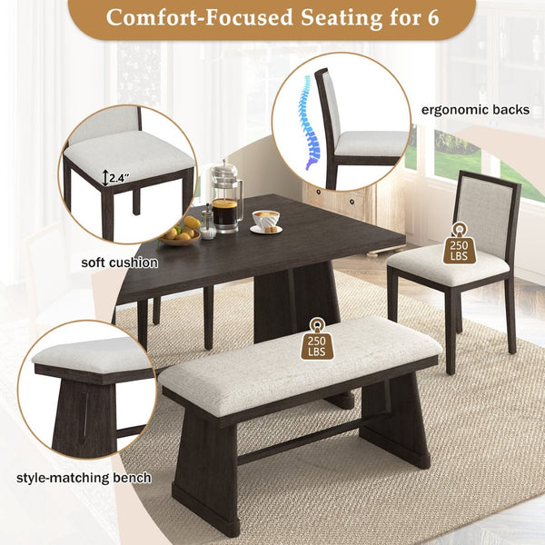 English Elm Trexm Six Piece Farmhouse Dining Set Wire Brushed Oak Veneer Table Linen Chairs Bench Espresso ST000155AAP