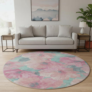 HomeRoots 8' X 8' Pink And Teal Floral Round Rug - Washable, UV-Protected, Non-Slip for Family-Friendly Spaces 694331