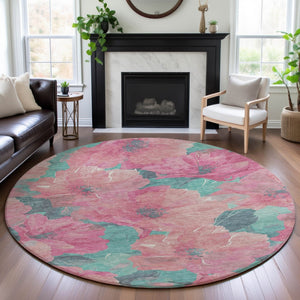 HomeRoots 8' X 8' Pink And Teal Floral Round Rug - Washable, UV-Protected, Non-Slip for Family-Friendly Spaces 694331