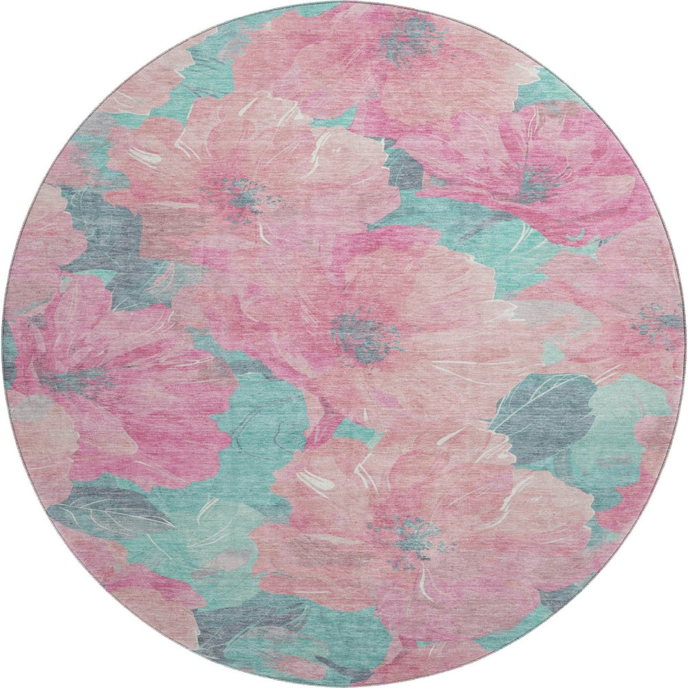 HomeRoots 8' X 8' Pink And Teal Floral Round Rug - Washable, UV-Protected, Non-Slip for Family-Friendly Spaces 694331