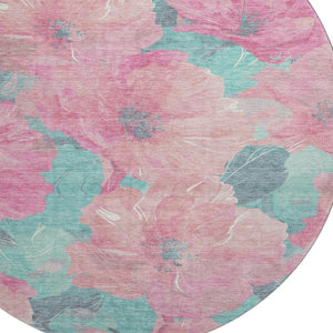 HomeRoots 8' X 8' Pink And Teal Floral Round Rug - Washable, UV-Protected, Non-Slip for Family-Friendly Spaces 694331