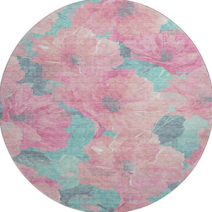 HomeRoots 8' X 8' Pink And Teal Floral Round Rug - Washable, UV-Protected, Non-Slip for Family-Friendly Spaces 694331