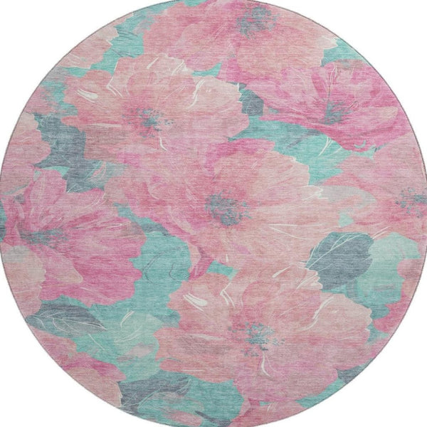 HomeRoots 8' X 8' Pink And Teal Floral Round Rug - Washable, UV-Protected, Non-Slip for Family-Friendly Spaces 694331