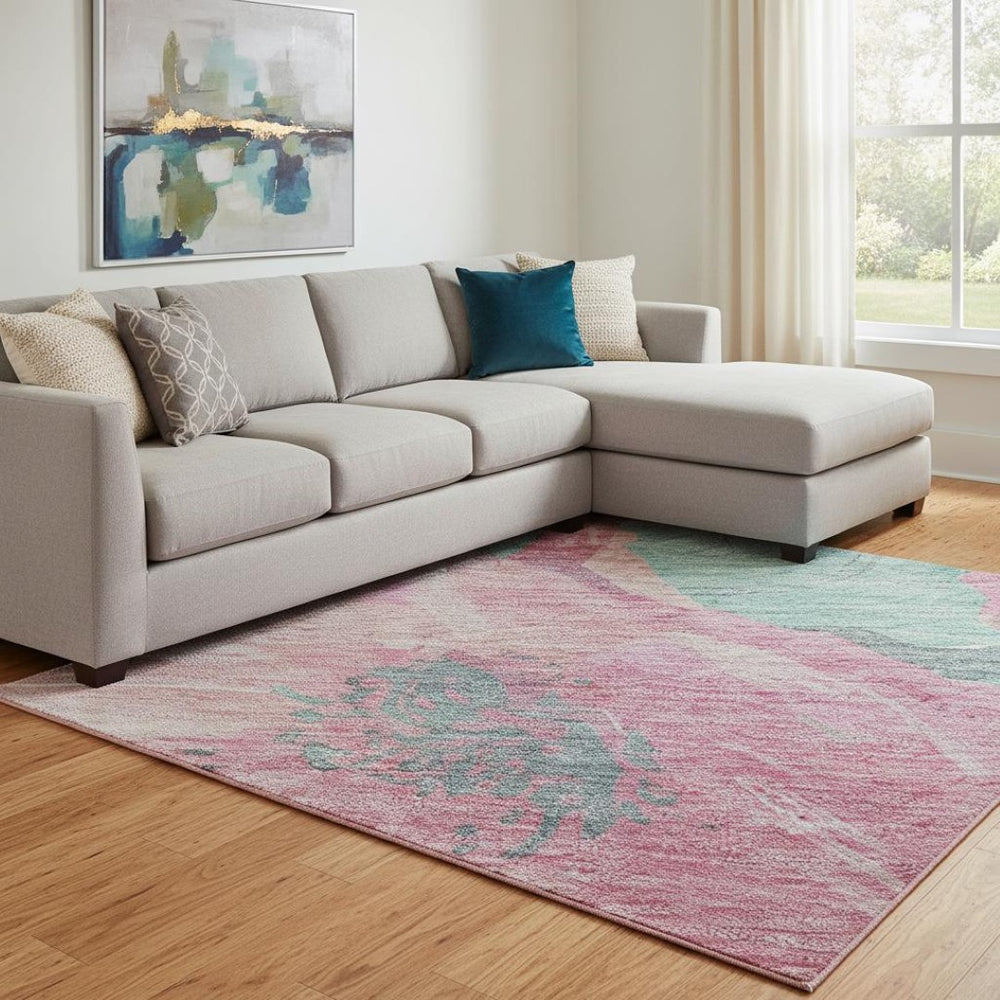 HomeRoots 8' Pink and Teal Floral Washable Area Rug - UV Protected, Stain Resistant, Perfect for Families & Pets 694332