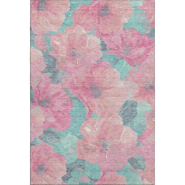 HomeRoots 9' X 12' Vibrant Pink & Teal Floral Area Rug - Washable, UV Protected, Perfect for Family Spaces! 694333