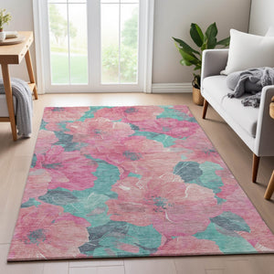 HomeRoots 9' X 12' Vibrant Pink & Teal Floral Area Rug - Washable, UV Protected, Perfect for Family Spaces! 694333