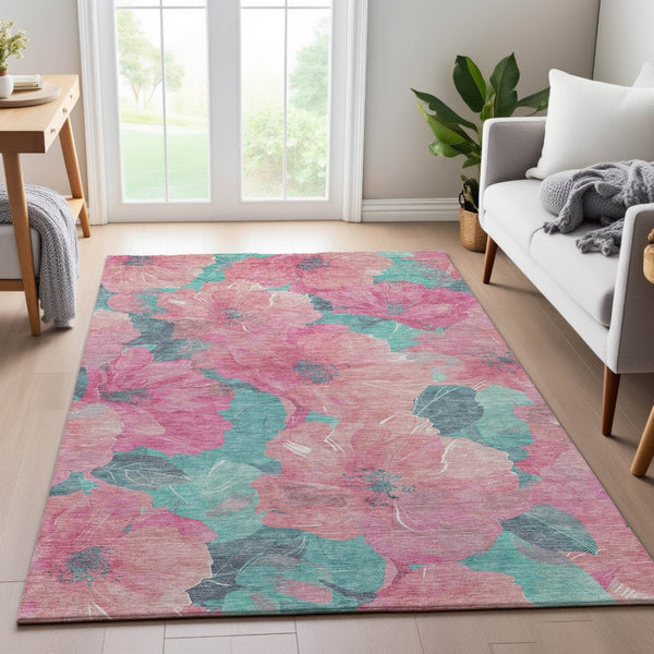 HomeRoots 9' X 12' Vibrant Pink & Teal Floral Area Rug - Washable, UV Protected, Perfect for Family Spaces! 694333