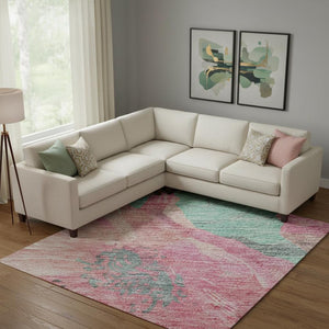HomeRoots 10' Pink and Teal Floral Washable Area Rug - Durable, UV Protected, Non-Slip for Everyday Living 694334