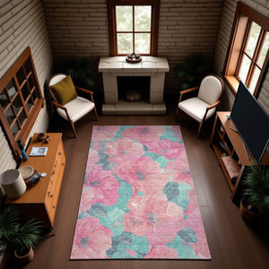 HomeRoots 10' Pink and Teal Floral Washable Area Rug - Durable, UV Protected, Non-Slip for Everyday Living 694334