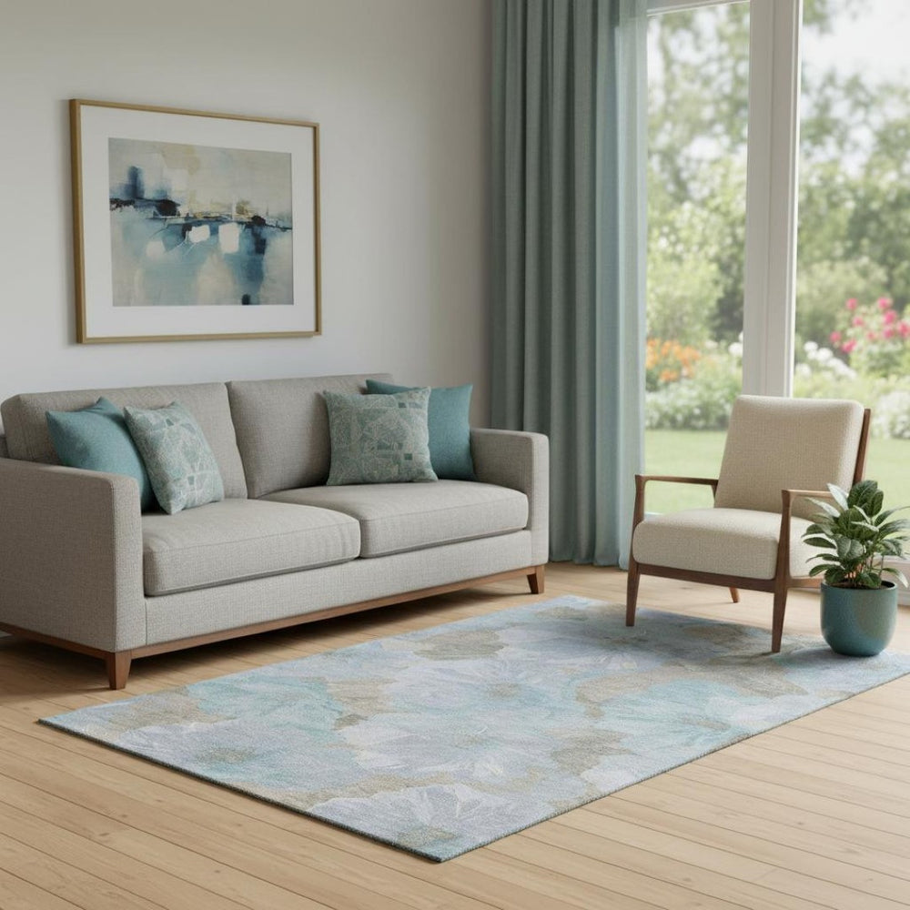 HomeRoots 5' X 8' Sky Blue & Taupe Floral Area Rug - Washable, UV-Protected, Durable for Homes with Kids & Pets 694336