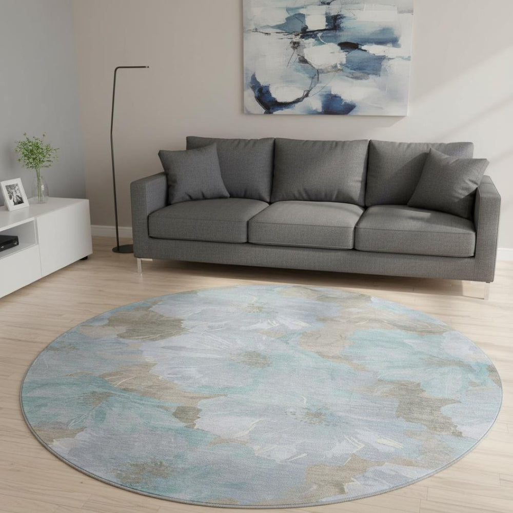 HomeRoots 8' Sky Blue & Taupe Floral Round Rug - Washable, UV-Protected, Durable & Stylish for Every Space 694337