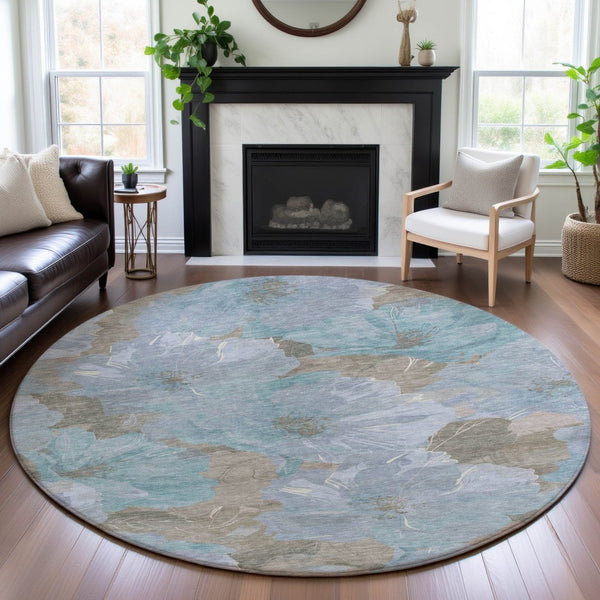 HomeRoots 8' Sky Blue & Taupe Floral Round Rug - Washable, UV-Protected, Durable & Stylish for Every Space 694337
