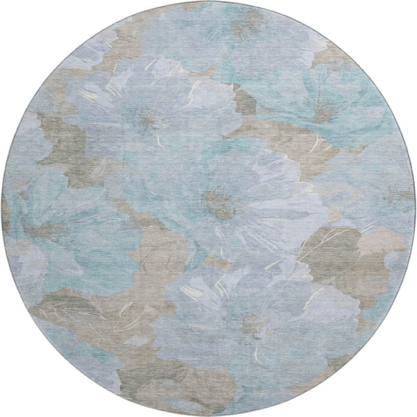 HomeRoots 8' Sky Blue & Taupe Floral Round Rug - Washable, UV-Protected, Durable & Stylish for Every Space 694337