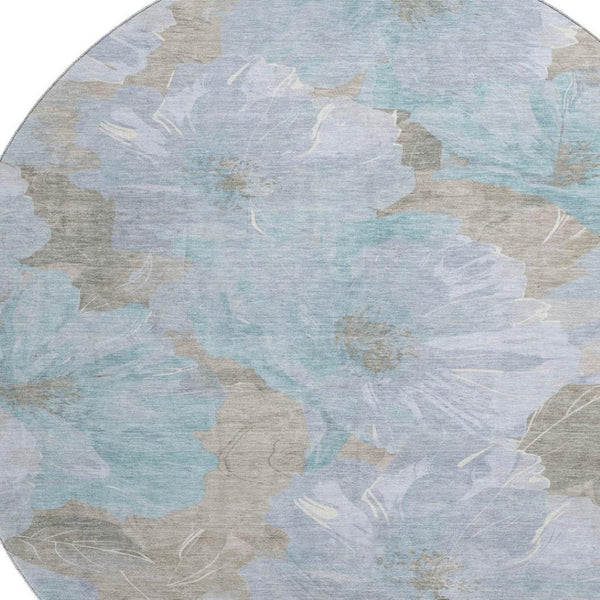 HomeRoots 8' Sky Blue & Taupe Floral Round Rug - Washable, UV-Protected, Durable & Stylish for Every Space 694337