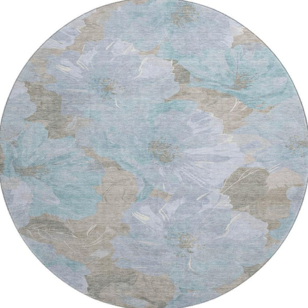 HomeRoots 8' Sky Blue & Taupe Floral Round Rug - Washable, UV-Protected, Durable & Stylish for Every Space 694337