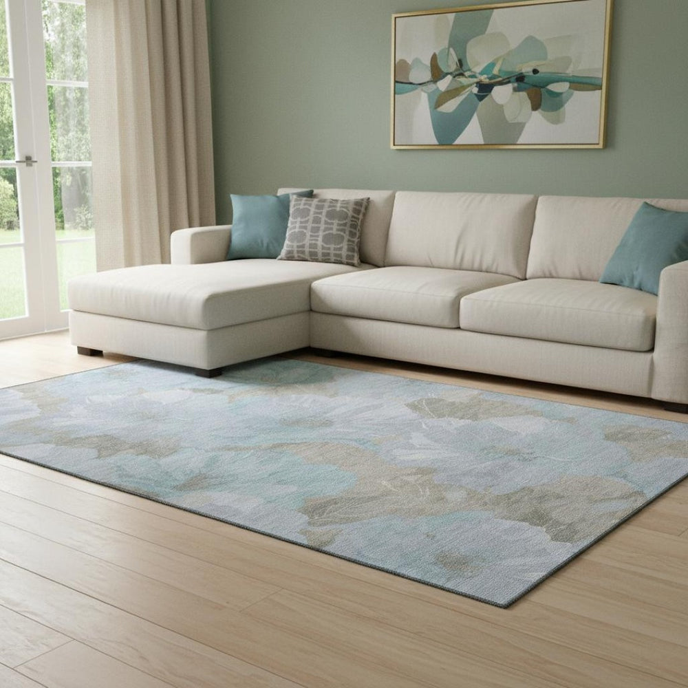 HomeRoots 8' Sky Blue & Taupe Floral Washable Area Rug - UV Protected, Stain Resistant, Perfect for Family Spaces 694338