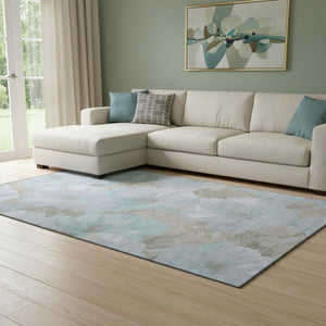 HomeRoots 8' Sky Blue & Taupe Floral Washable Area Rug - UV Protected, Stain Resistant, Perfect for Family Spaces 694338
