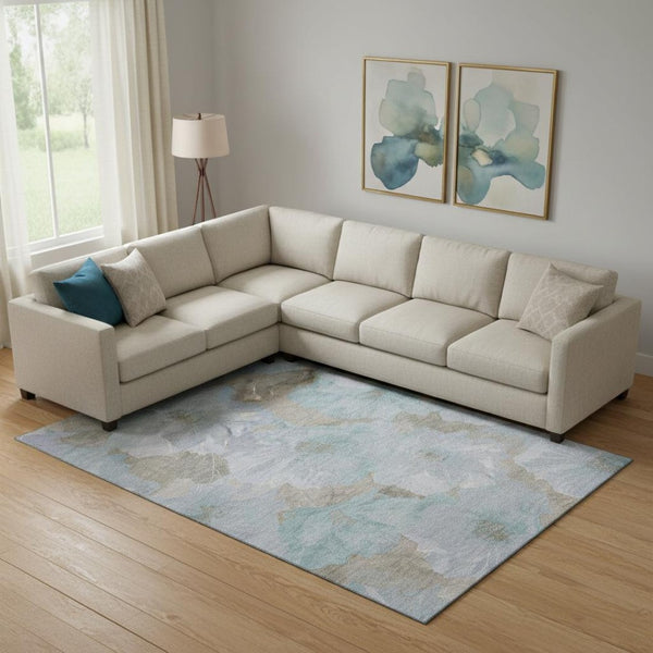 HomeRoots 9' X 12' Sky Blue and Taupe Floral Area Rug - Washable, UV-Protected, Stain-Resistant, Durable Design! 694339