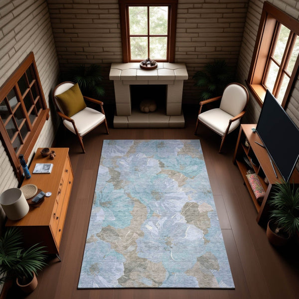 HomeRoots 10' Sky Blue and Taupe Floral Washable Area Rug - UV Protected, Stain Resistant, Easy Care Design 694340