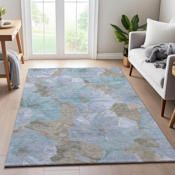 HomeRoots 10' Sky Blue and Taupe Floral Washable Area Rug - UV Protected, Stain Resistant, Easy Care Design 694340