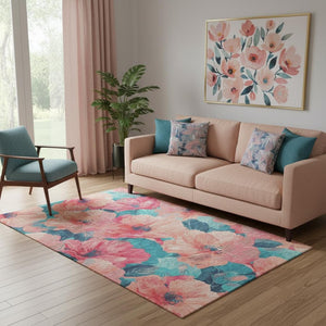 HomeRoots 5' X 8' Salmon and Teal Floral Area Rug - Washable, Stain-Resistant, UV Protected for High-Traffic Rooms 694342