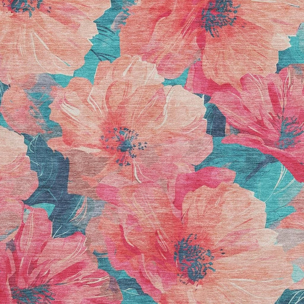 HomeRoots 5' X 8' Salmon and Teal Floral Area Rug - Washable, Stain-Resistant, UV Protected for High-Traffic Rooms 694342