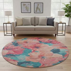 HomeRoots 8' X 8' Floral Round Rug in Salmon & Teal - Washable, UV-Protected, Stain-Resistant for Any Space! 694343